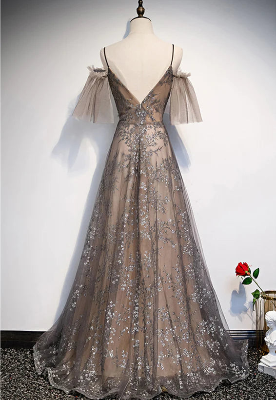 Spaghetti Straps Floor Length Champagne A-line Straps Lace Low Back Prom Dress